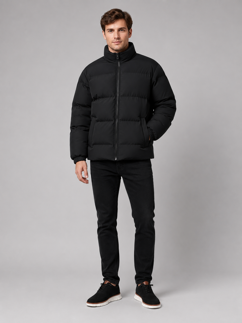Black puffer jacket for men thick warm winter coat for outdoor and everyday wear