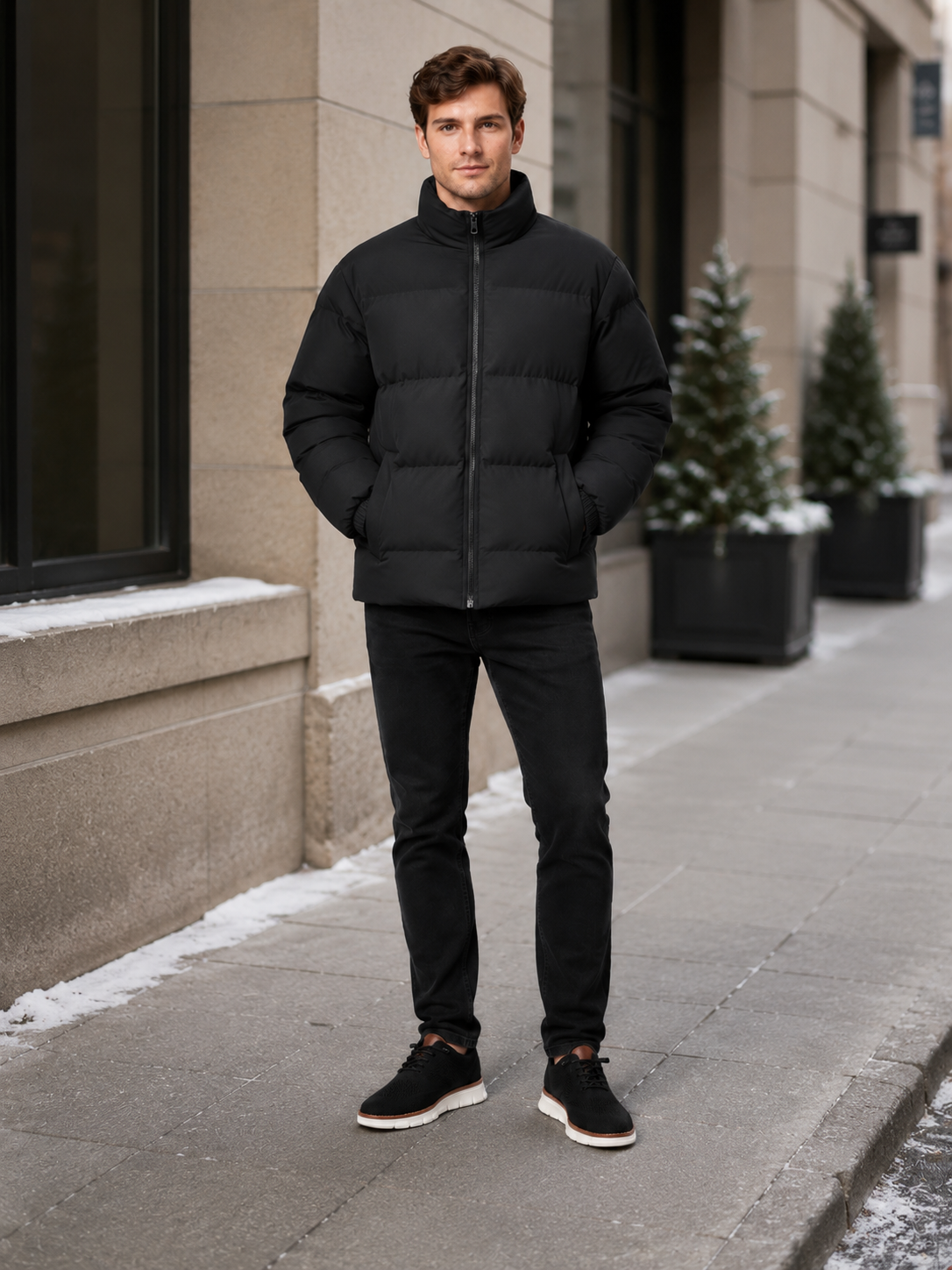 Man styling black stand collar puffer jacket in a modern outdoor and everyday winter lifestyle outfit