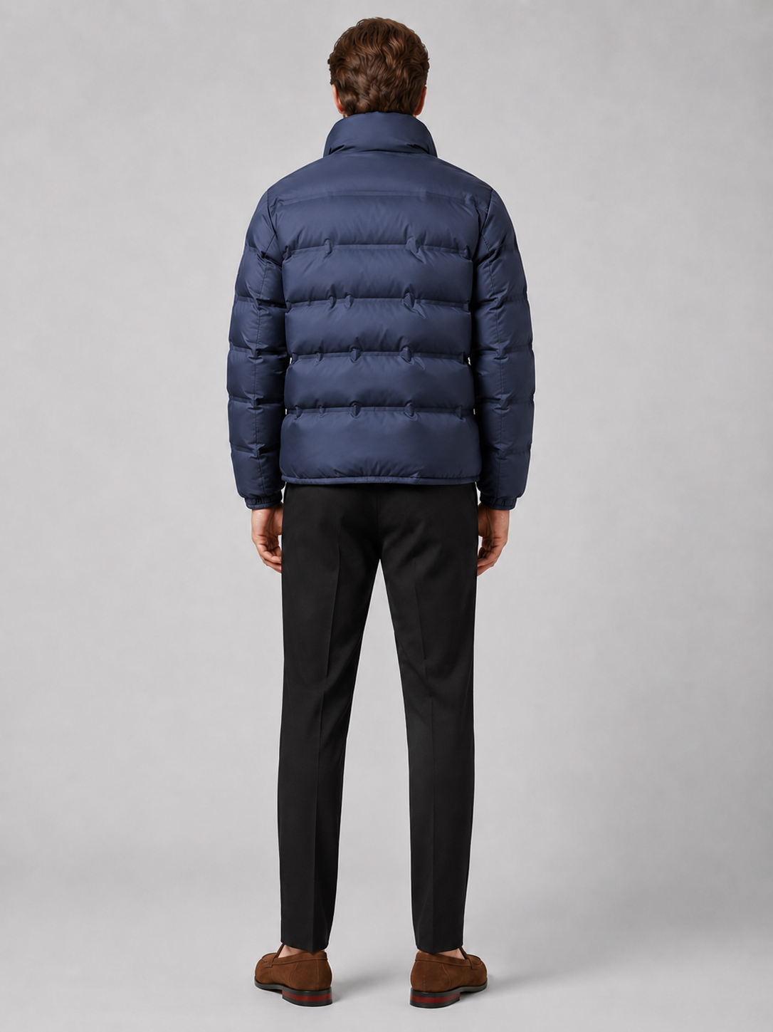 Men’s blue insulated down jacket comfortable cold weather outerwear for hiking, travel, and casual outfits