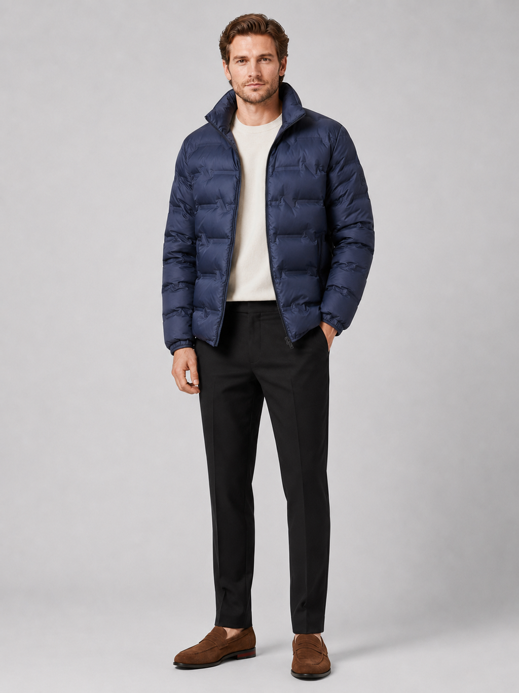 Blue white duck down puffer jacket for men thick warm winter coat for outdoor and everyday wear