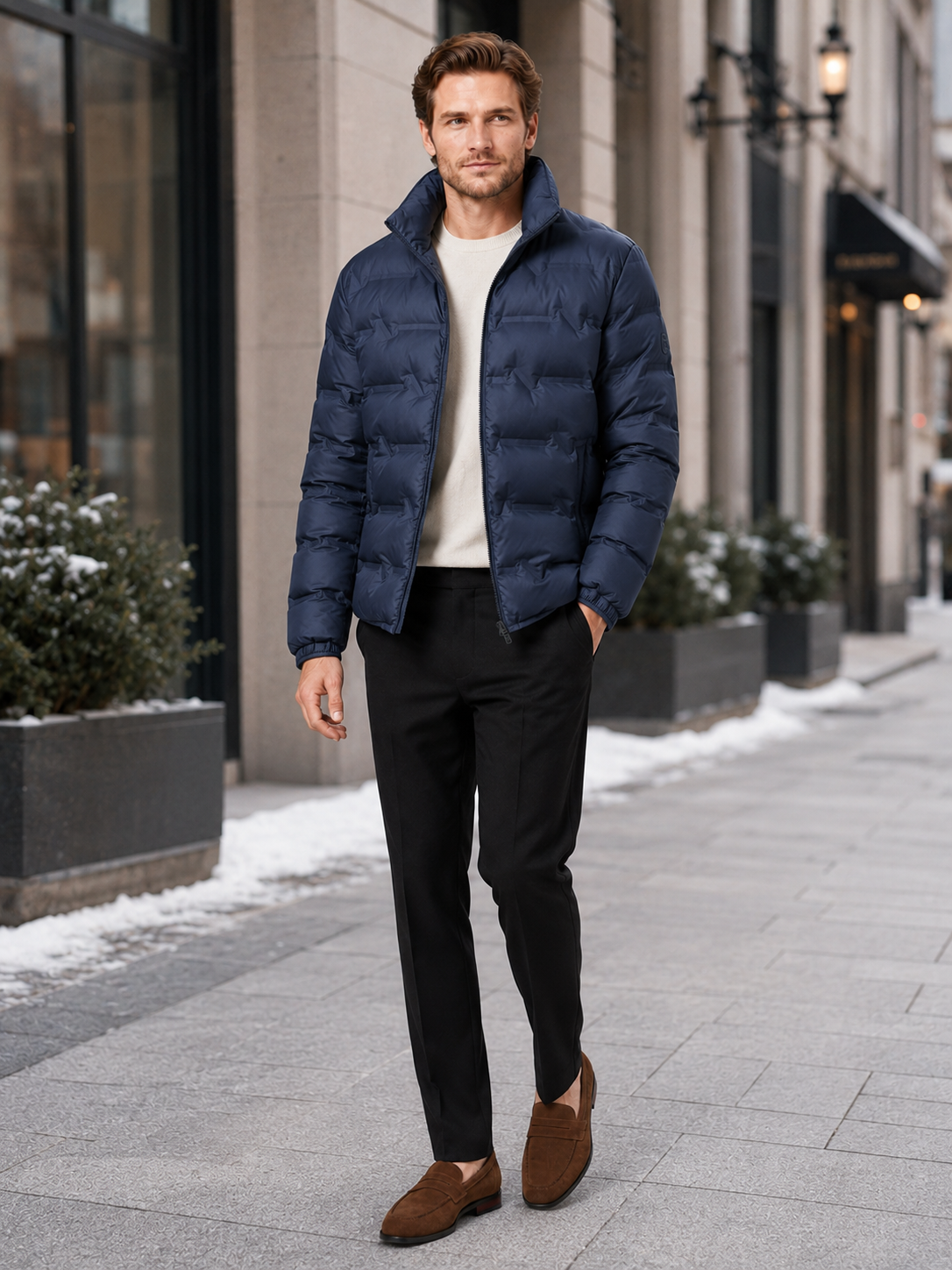 Man styling blue white duck down puffer jacket in a classic outdoor and everyday winter lifestyle outfit