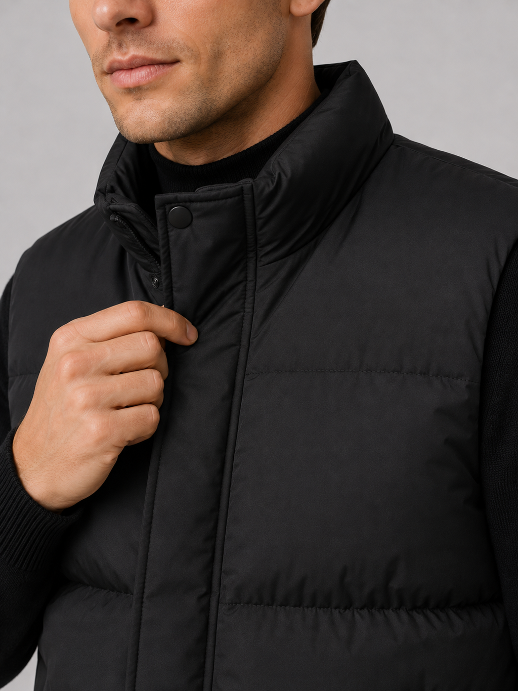 Close-up of a black puffer vest showing the quilted insulation, full zipper, stand collar, pockets, stitching, and lightweight shell fabric