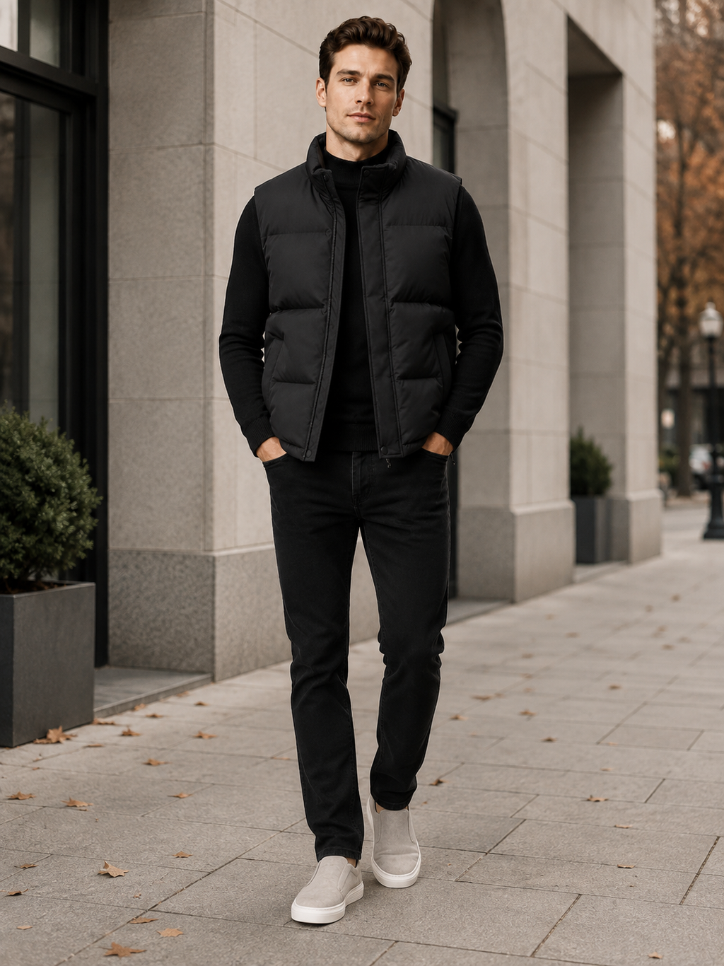 Man wearing a black thick insulated puffer vest in a casual fall winter outfit for outdoor and everyday wear