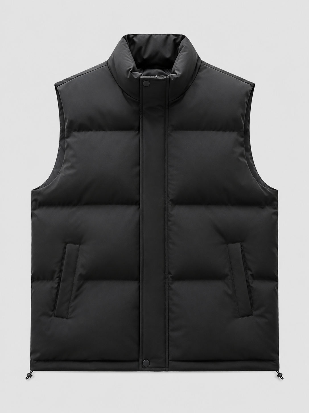 Black men’s thick insulated puffer vest displayed on a plain background