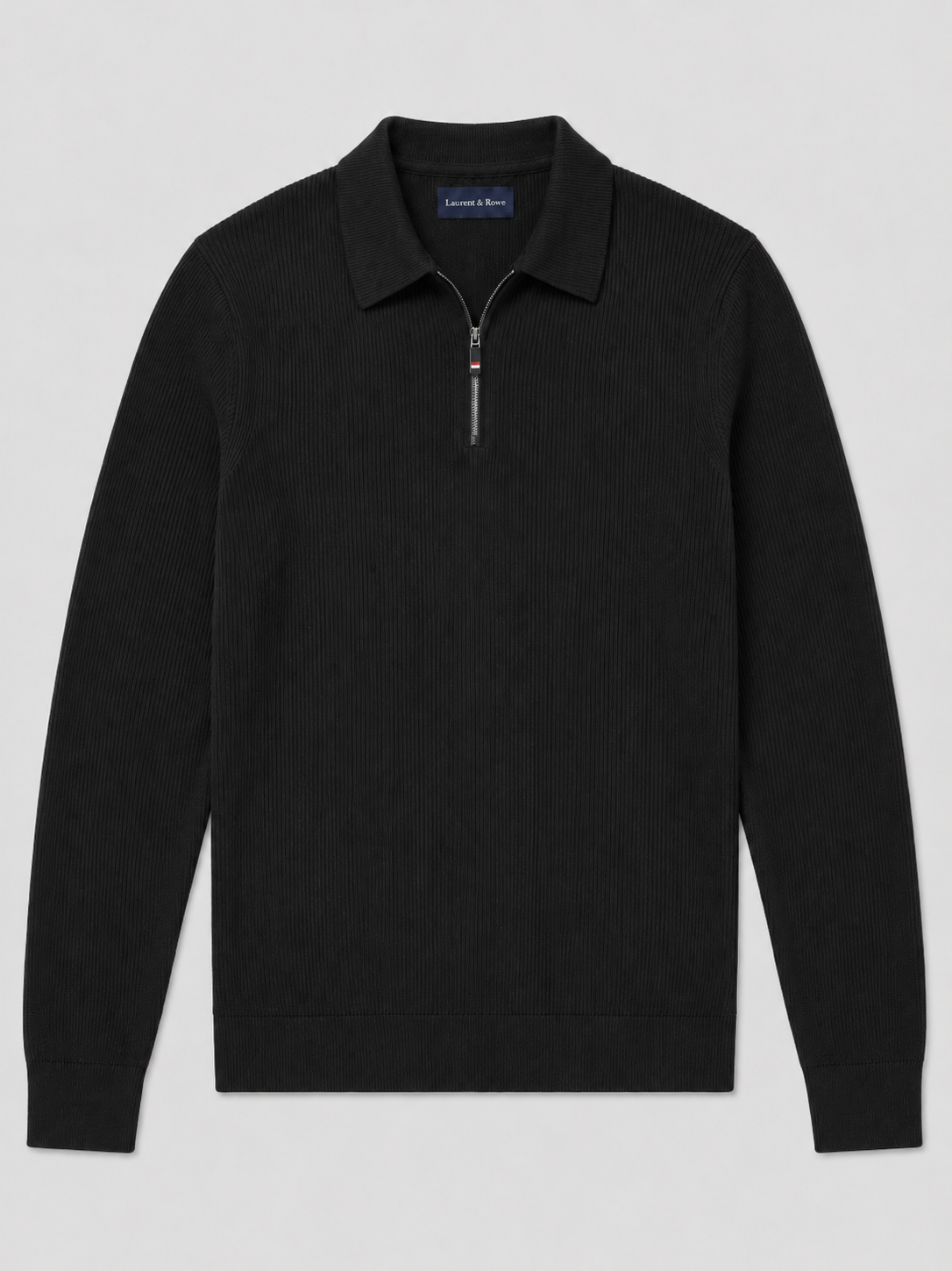Black men’s quarter zip long sleeve polo with a lapel collar displayed on a plain background