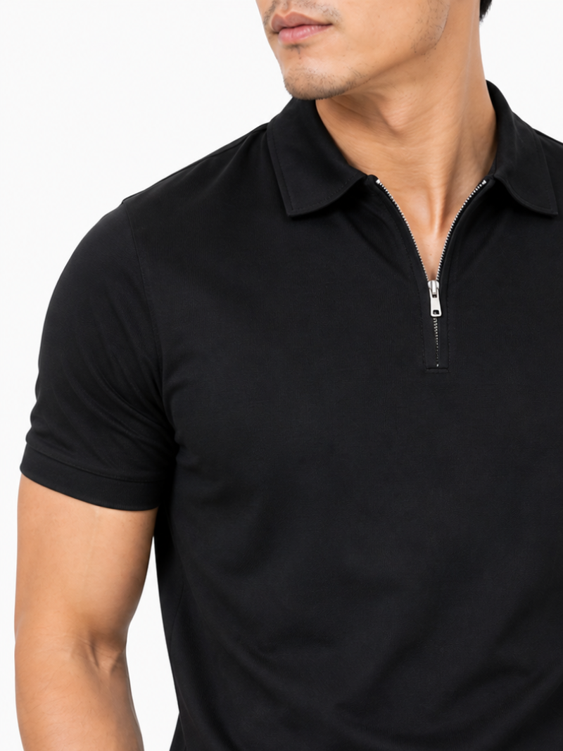 Men’s black short sleeve polo with quarter zip lightweight comfortable everyday wear