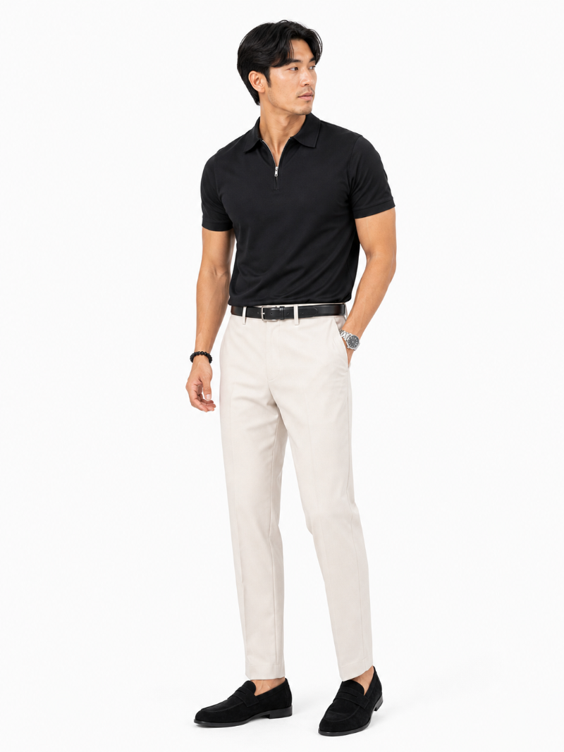 Black quarter zip polo shirt minimal breathable fabric sleek quiet luxury summer look