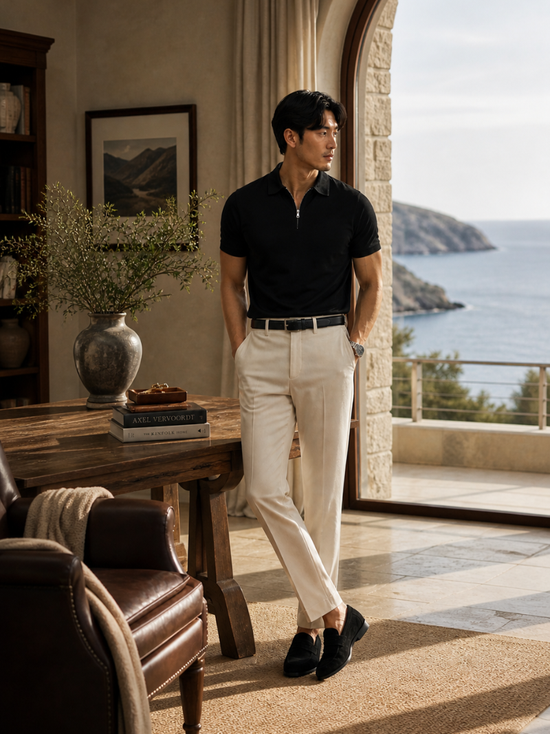 Black Lightweight quarter zip polo shirt for men soft breathable summer top refined casual style