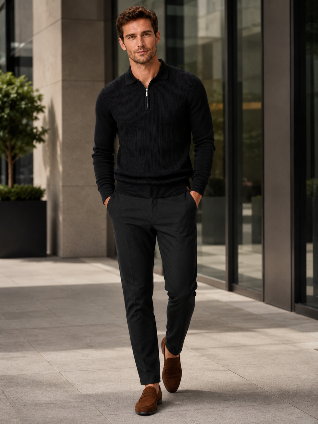 Man wearing a black slim fit quarter zip polo shirt in a business casual fall winter outfit for office and everyday wear
