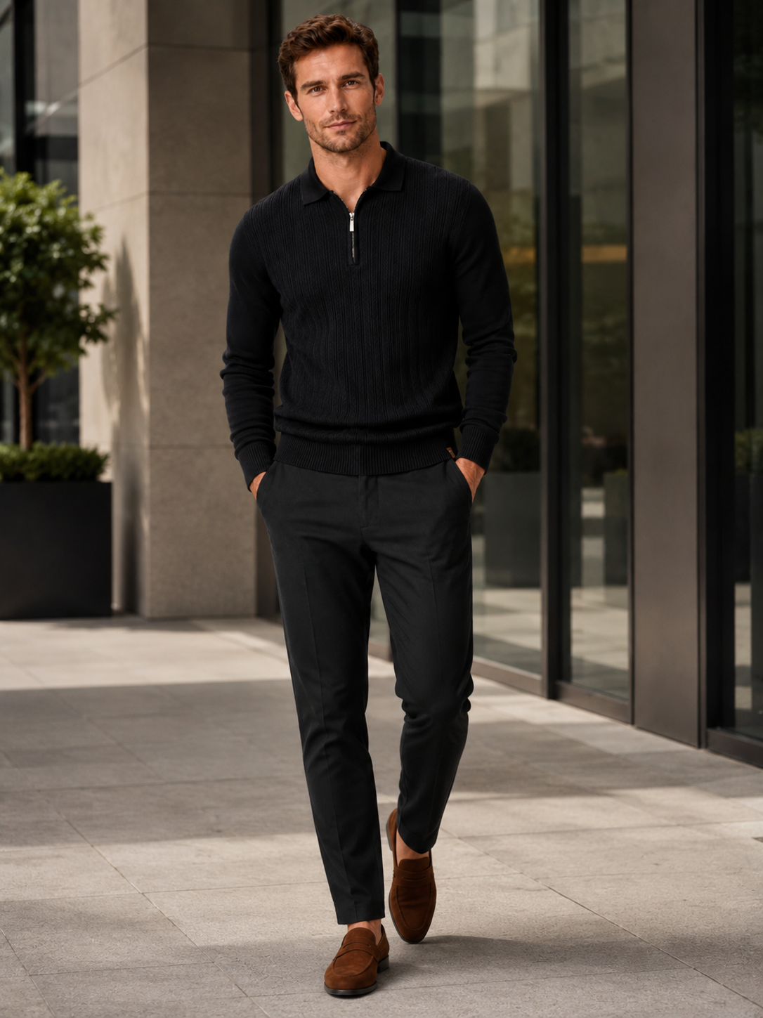 Man wearing a black slim fit quarter zip polo shirt in a business casual fall winter outfit for office and everyday wear
