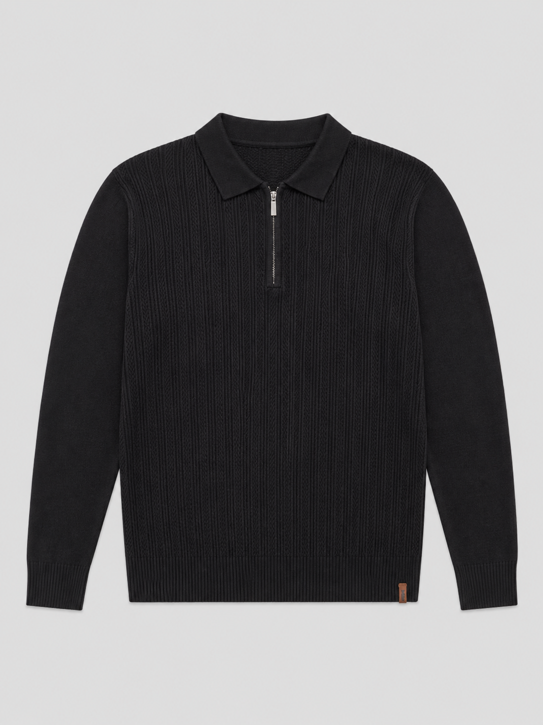 Black men’s slim fit quarter zip polo shirt with textured long sleeve design displayed on a plain background
