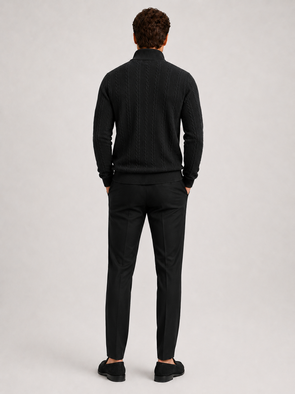 Men’s black textured knit quarter zip sweater comfortable cold weather layer for casual outfits