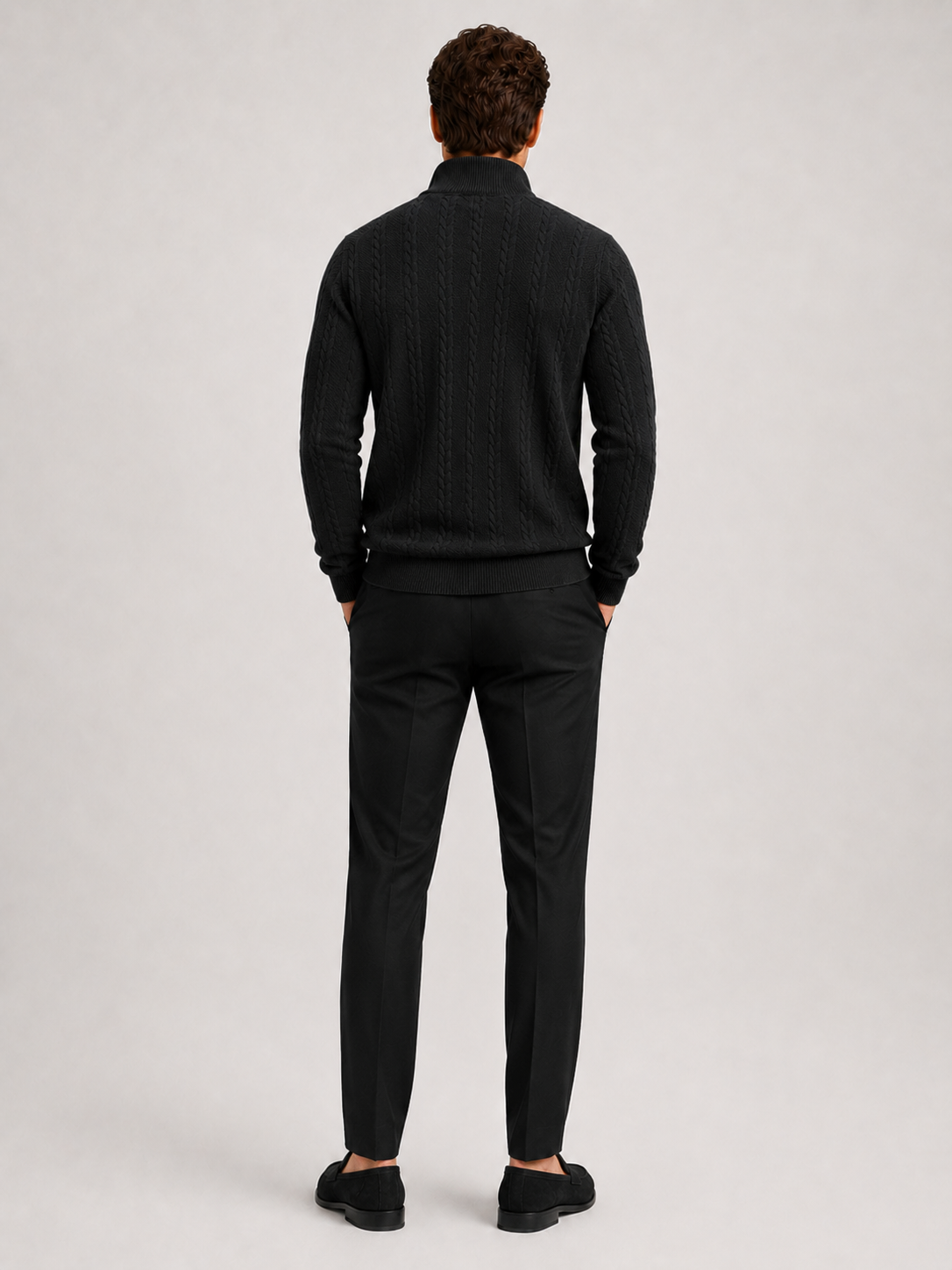 Men’s black textured knit quarter zip sweater comfortable cold weather layer for casual outfits