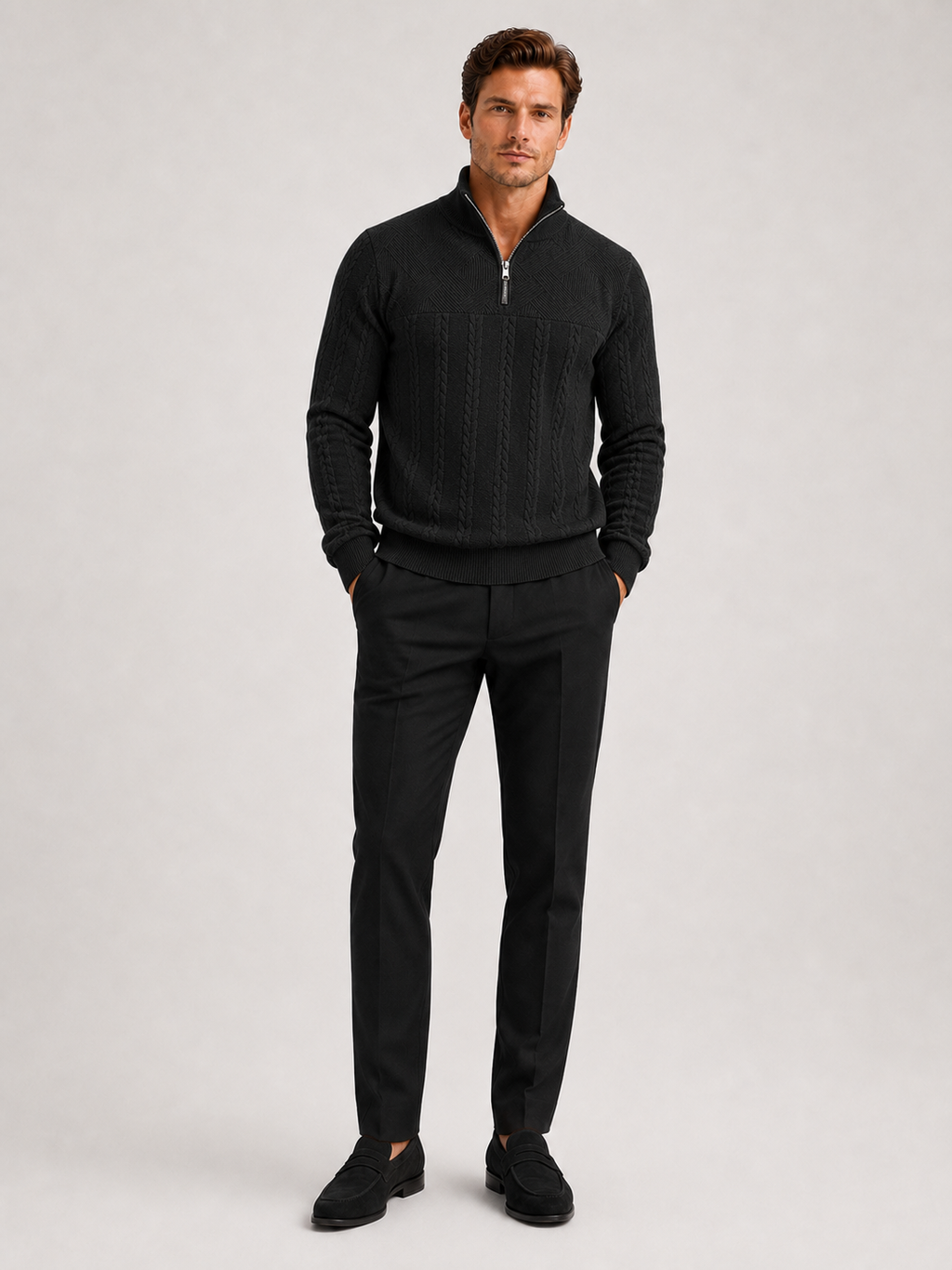 Black jacquard quarter zip sweater for men warm long sleeve fall winter pullover for everyday wear