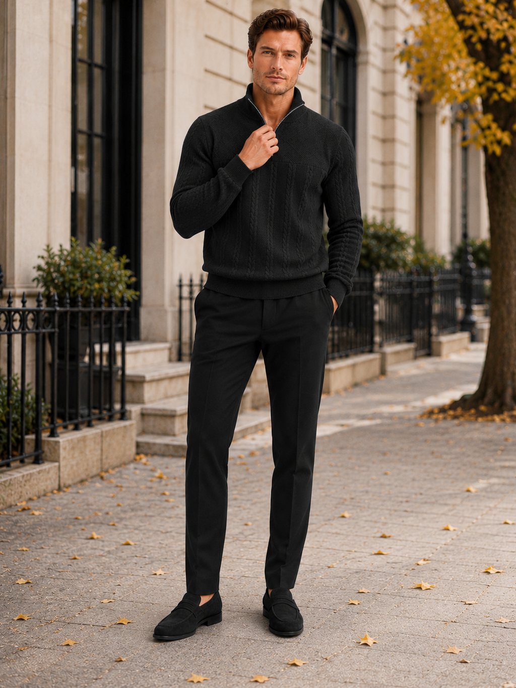 Man styling black jacquard quarter zip sweater in a sleek everyday winter lifestyle outfit