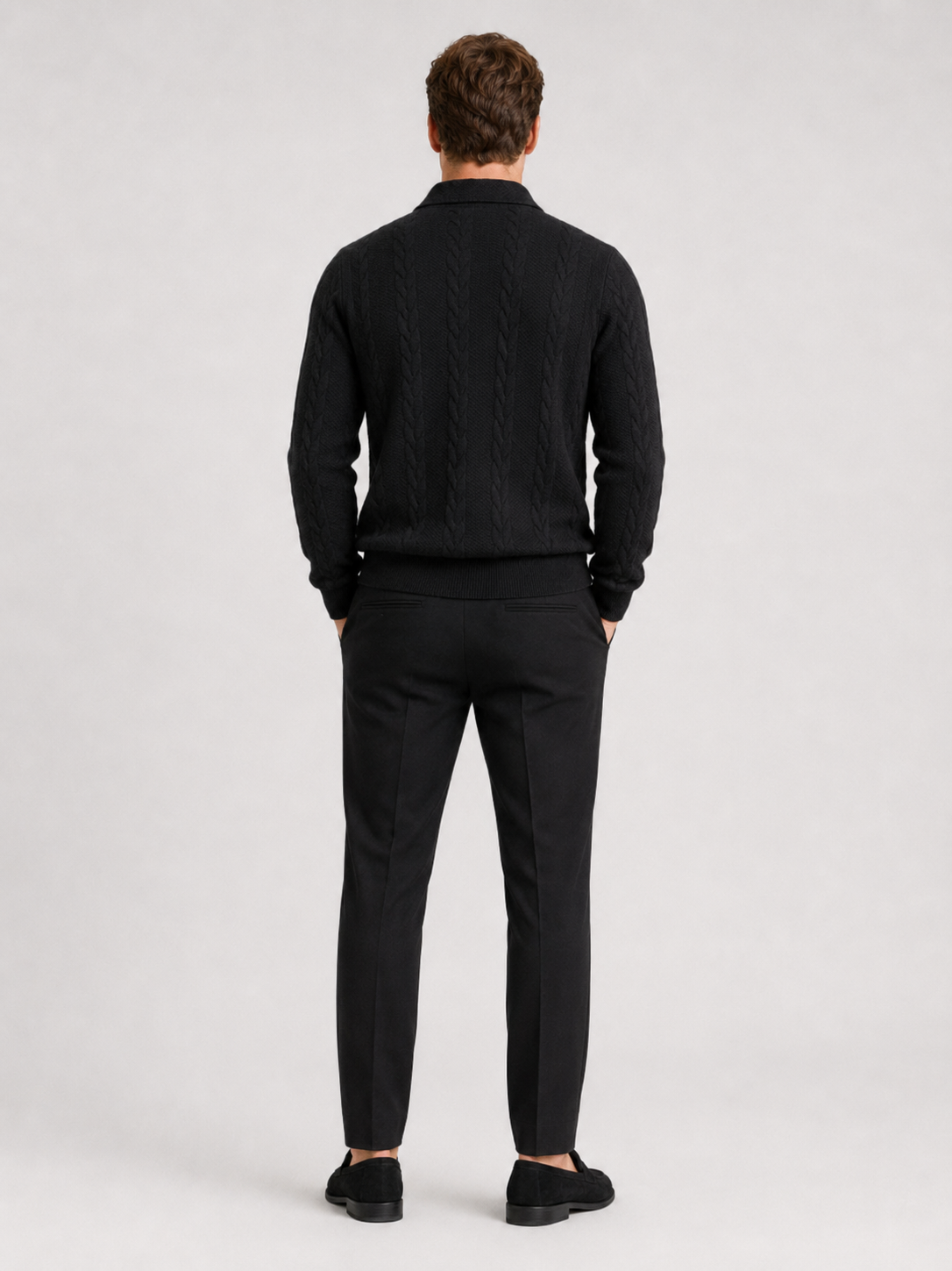 Men’s black knit quarter zip sweater comfortable warm layer for everyday and weekend outfits