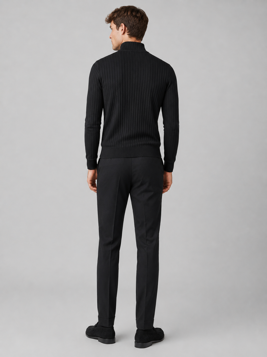 Men’s black knit sweater comfortable mock neck layer for business casual and casual outfits
