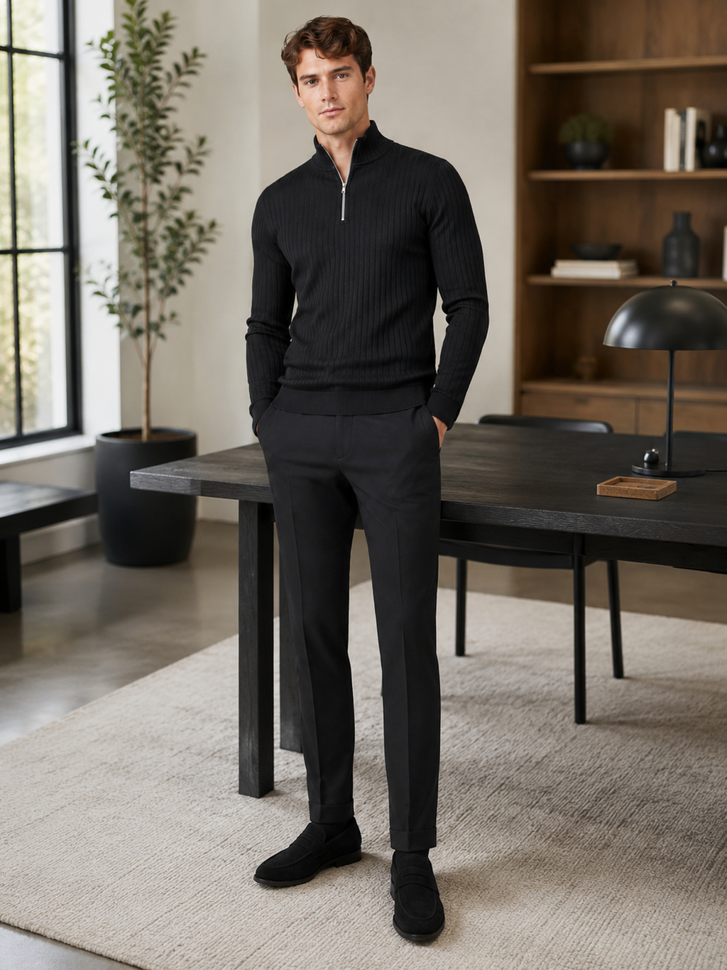 Man styling black quarter zip sweater in a modern business casual and everyday lifestyle outfit