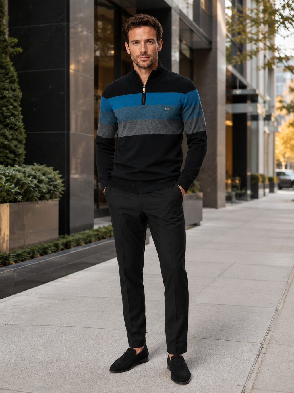 Man wearing a black patchwork cotton quarter zip sweater in a business casual winter outfit