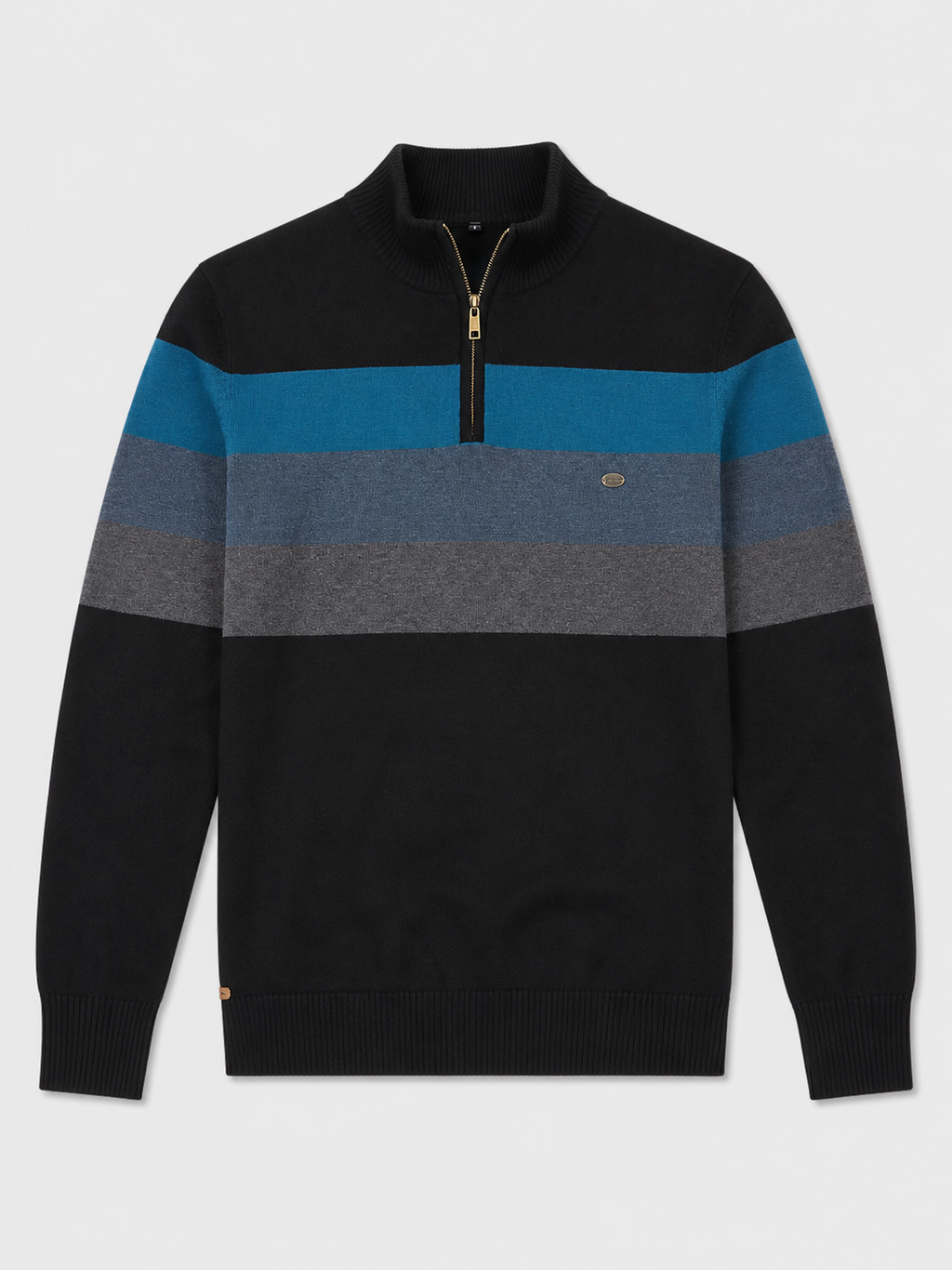Black men’s patchwork cotton quarter zip sweater with mock neck displayed on a plain background