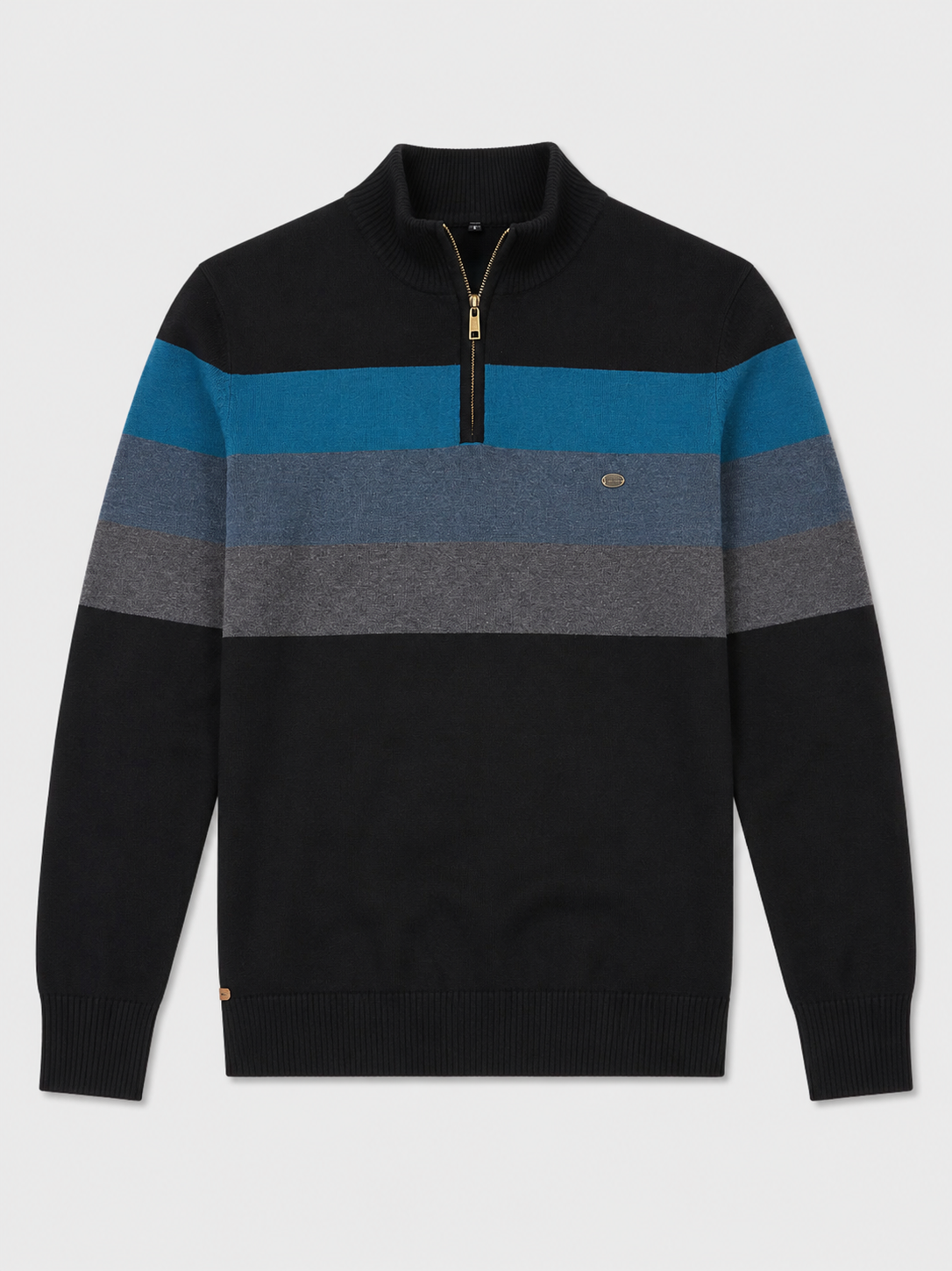 Black men’s patchwork cotton quarter zip sweater with mock neck displayed on a plain background