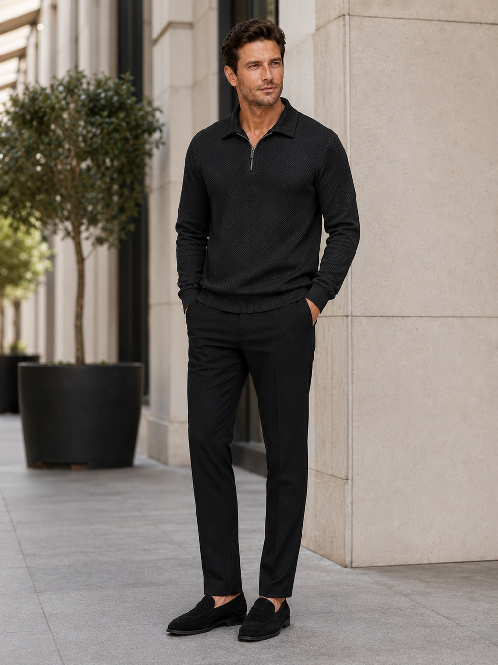 Man wearing a black lightweight quarter zip polo sweater in a modern business casual fall winter outfit