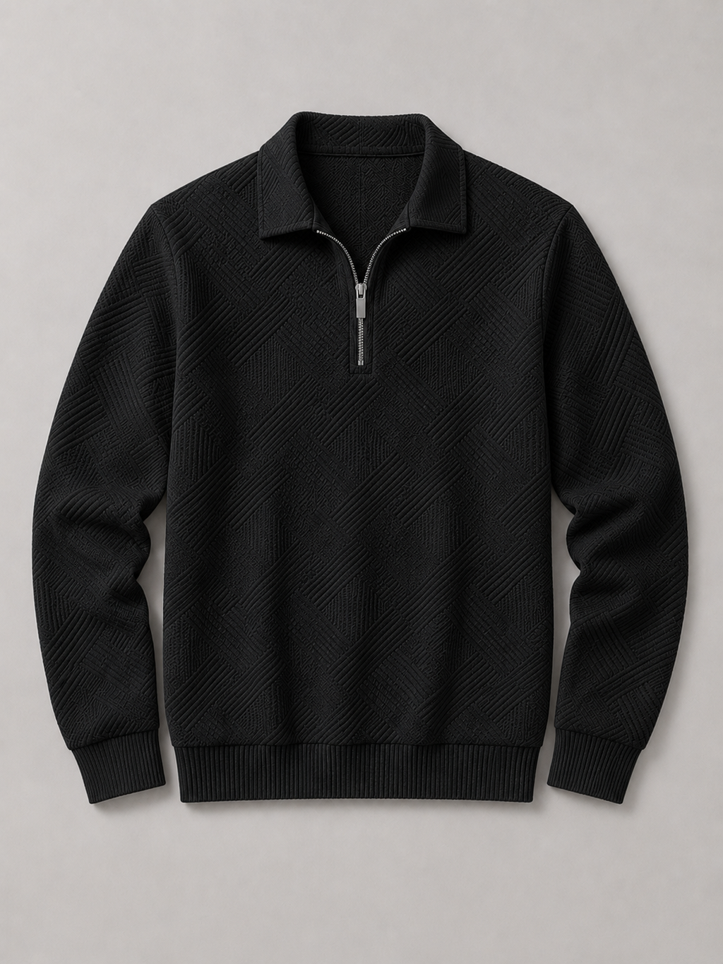Black men’s lightweight quarter zip polo sweater with long sleeves displayed on a plain background