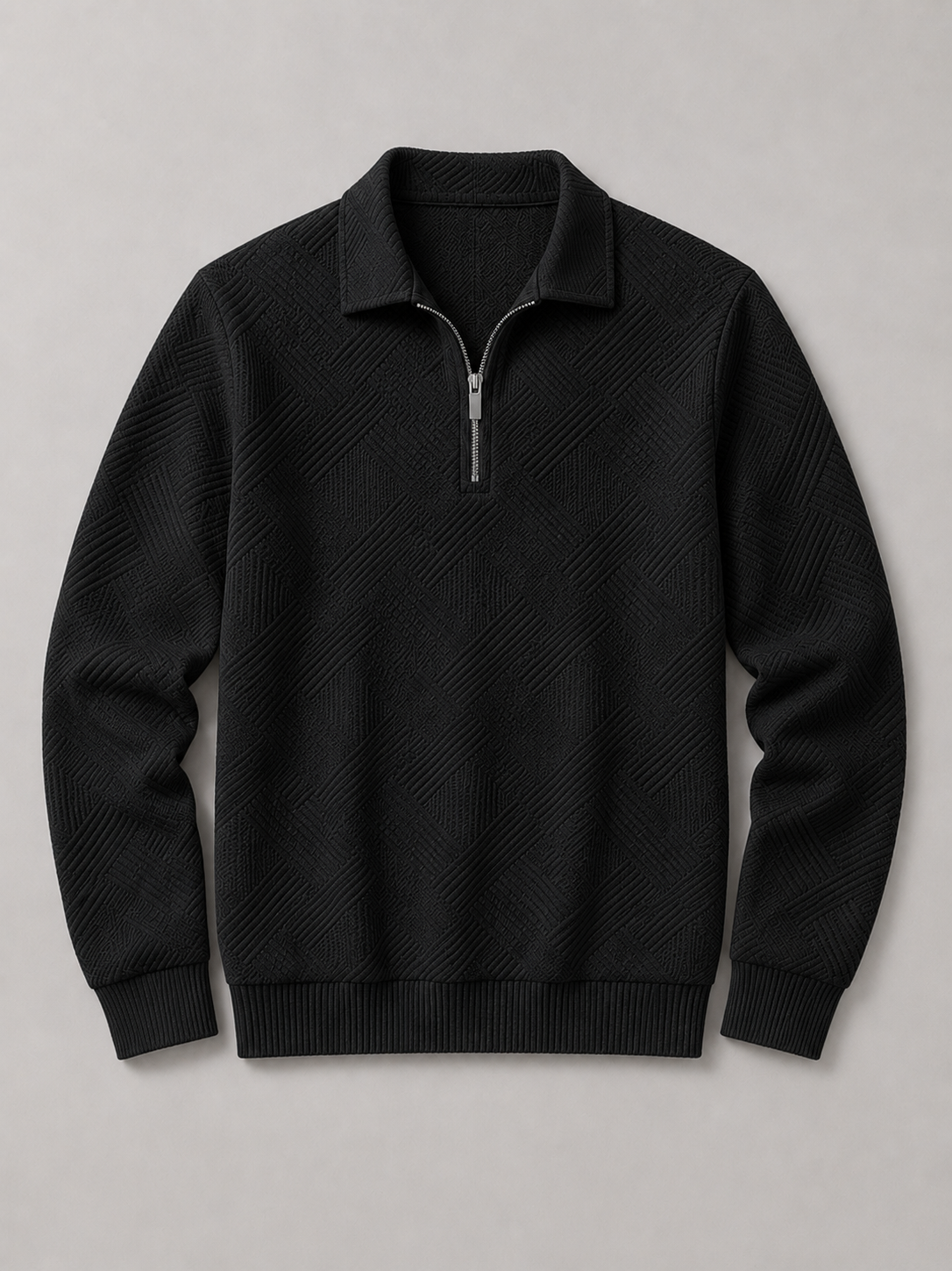 Black men’s lightweight quarter zip polo sweater with long sleeves displayed on a plain background