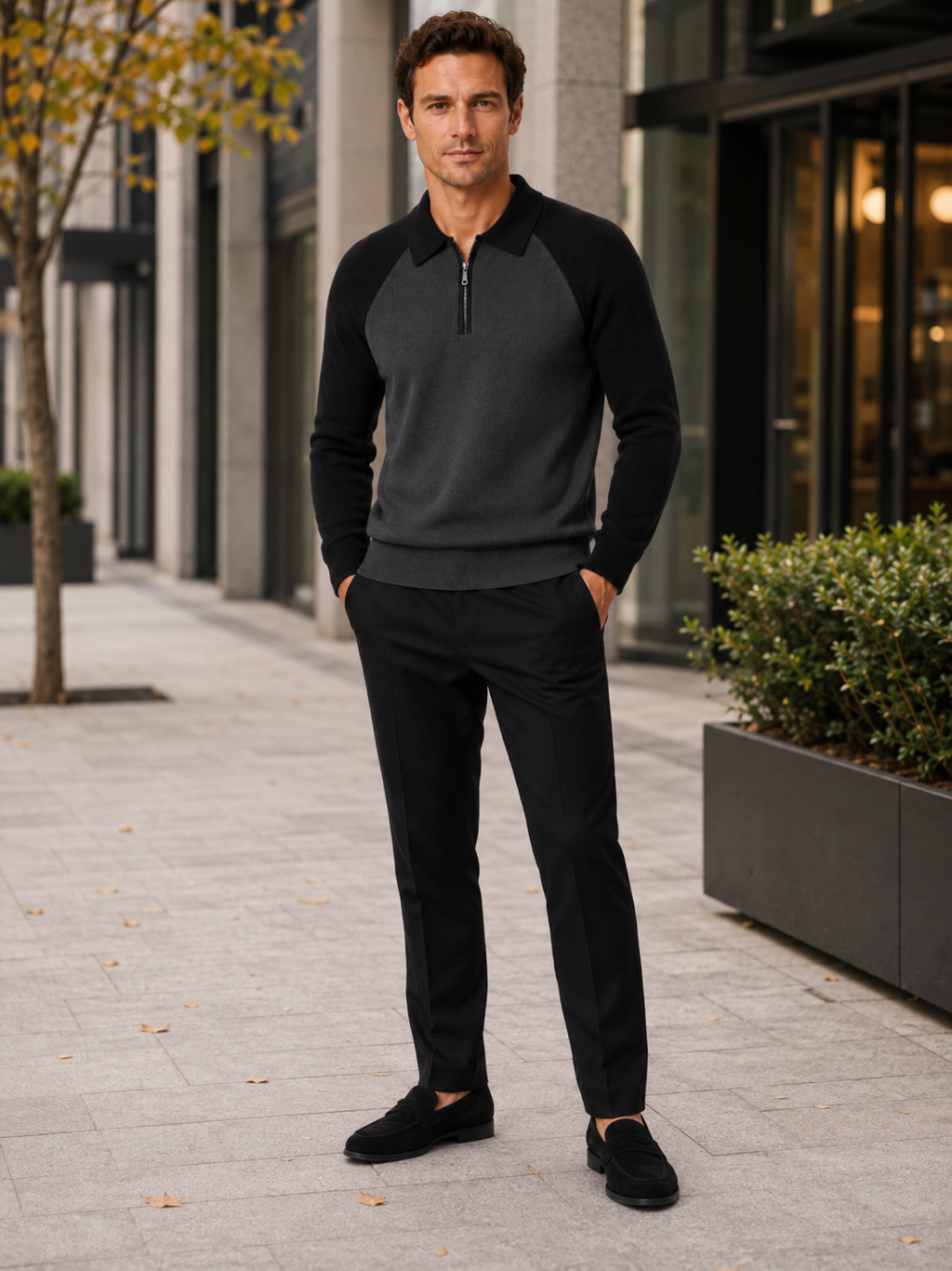 Man wearing a black slim fit quarter zip polo sweater in a modern business casual fall winter outfit