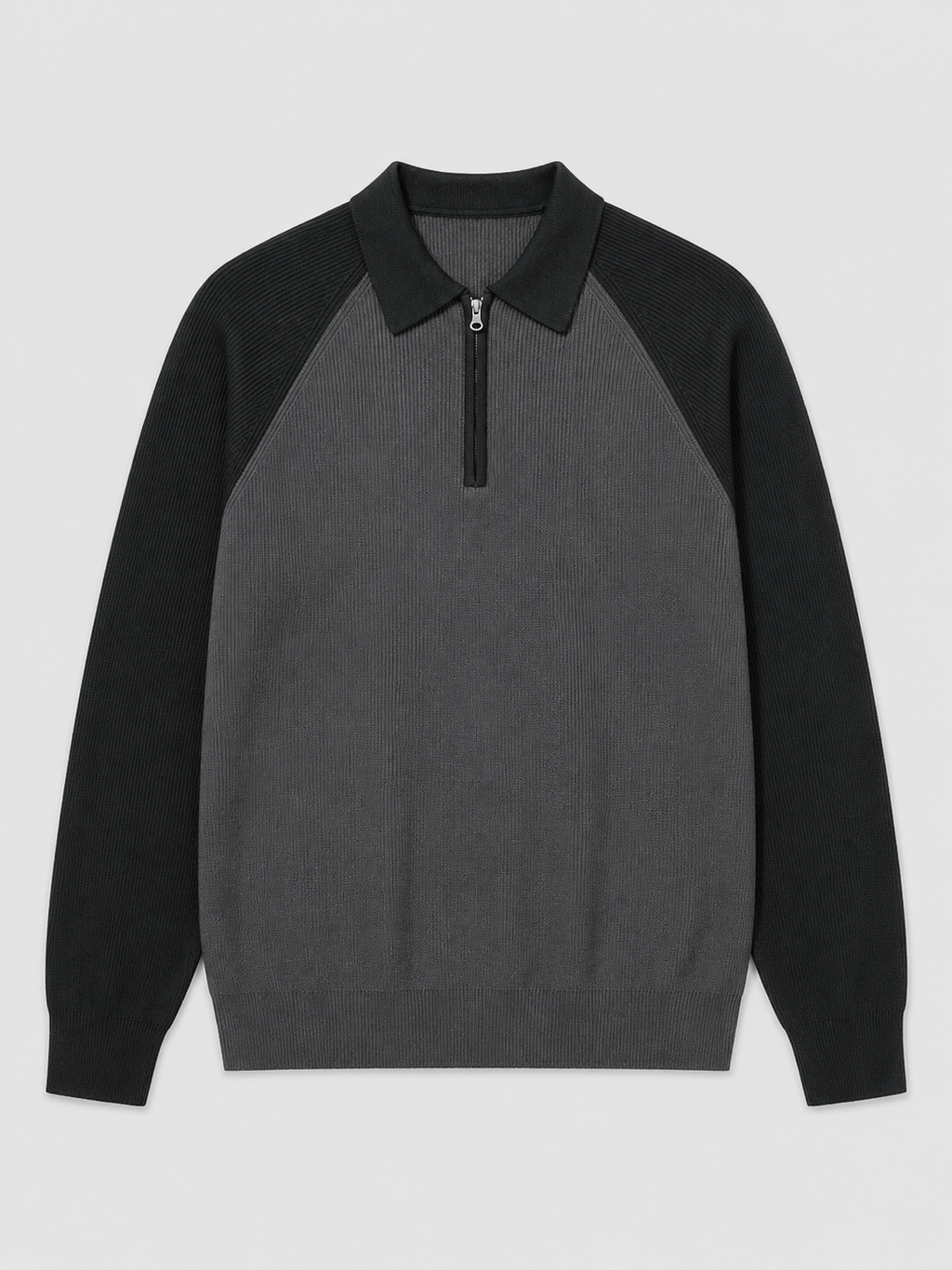 Black men’s slim fit quarter zip polo sweater with long sleeves displayed on a plain background