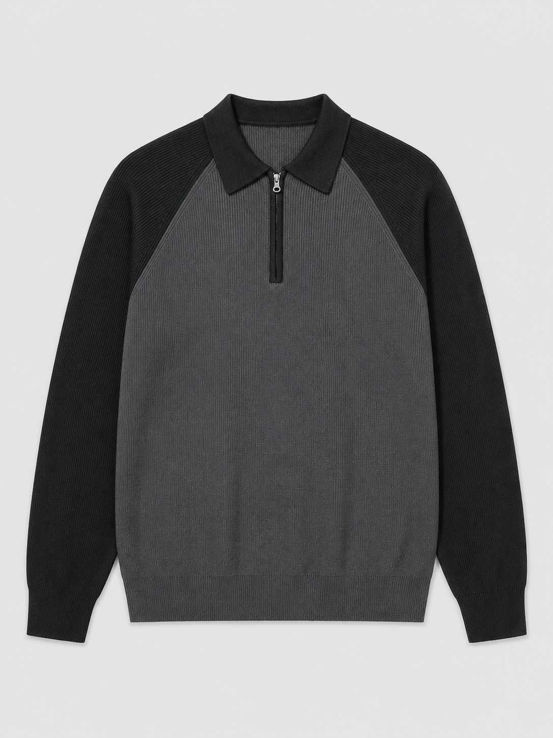 Black men’s slim fit quarter zip polo sweater with long sleeves displayed on a plain background