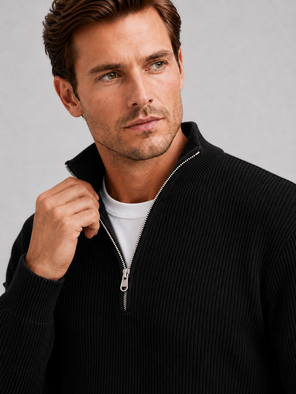 Close up of black quarter zip sweater showing ribbed knit texture, stand collar, and zipper detail