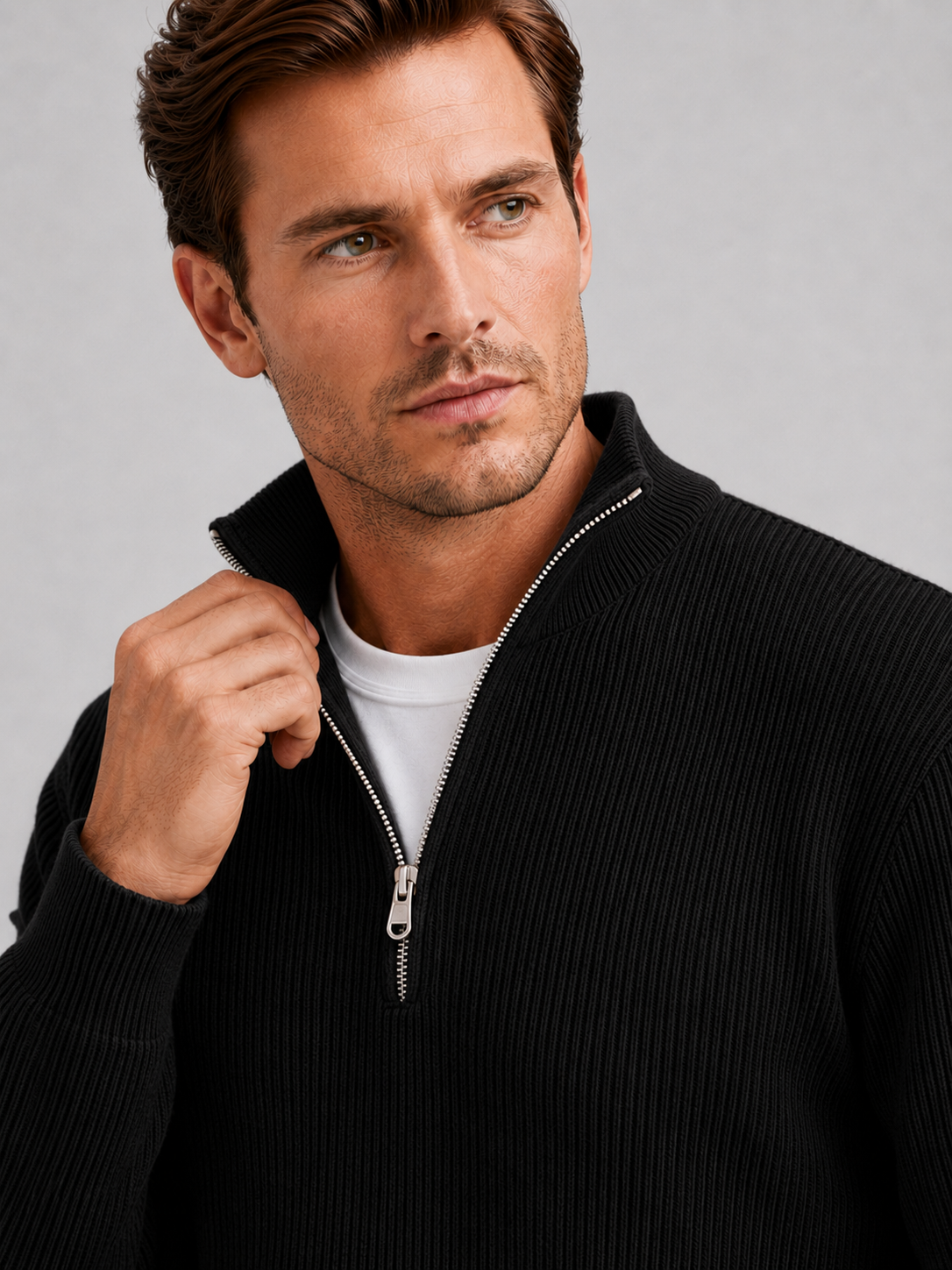 Close up of black quarter zip sweater showing ribbed knit texture, stand collar, and zipper detail