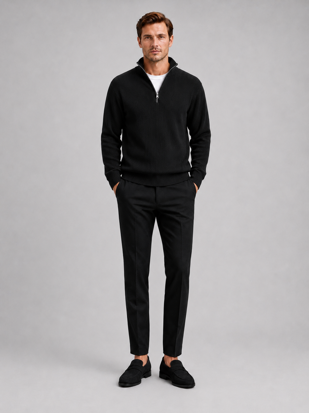 Black ribbed quarter zip sweater for men warm long sleeve pullover for everyday winter wear