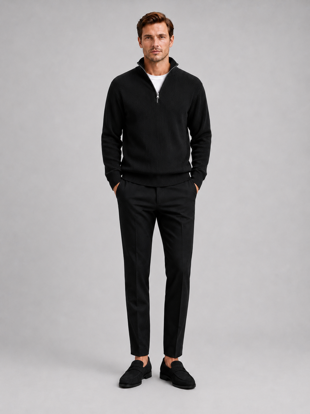Black ribbed quarter zip sweater for men warm long sleeve pullover for everyday winter wear