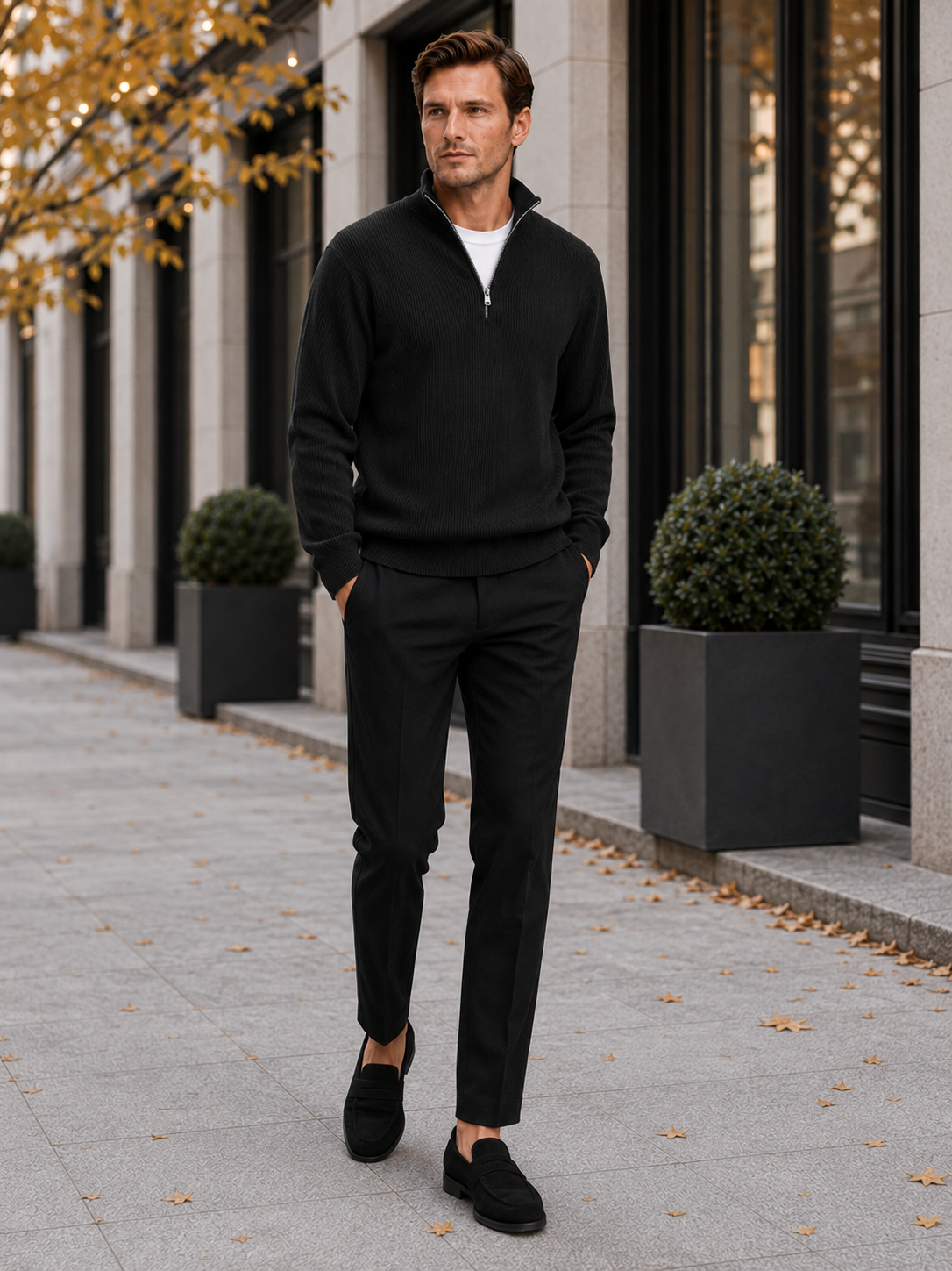 Man styling black ribbed quarter zip sweater in a modern everyday winter lifestyle outfit
