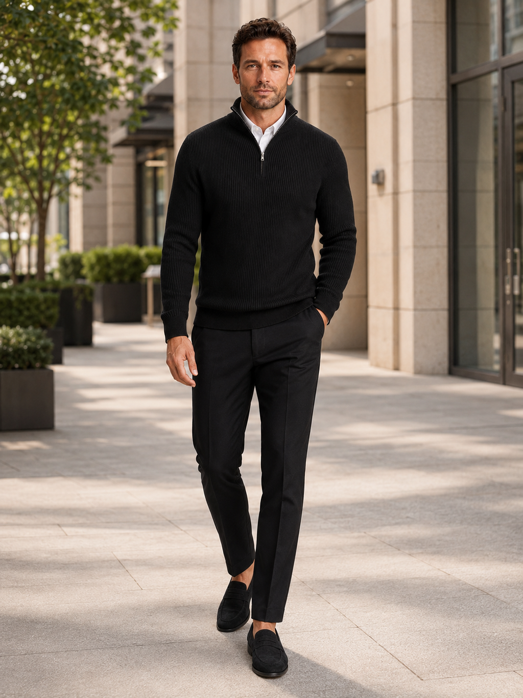 Man wearing a black slim fit quarter zip mock neck sweater in a modern business casual winter outfit