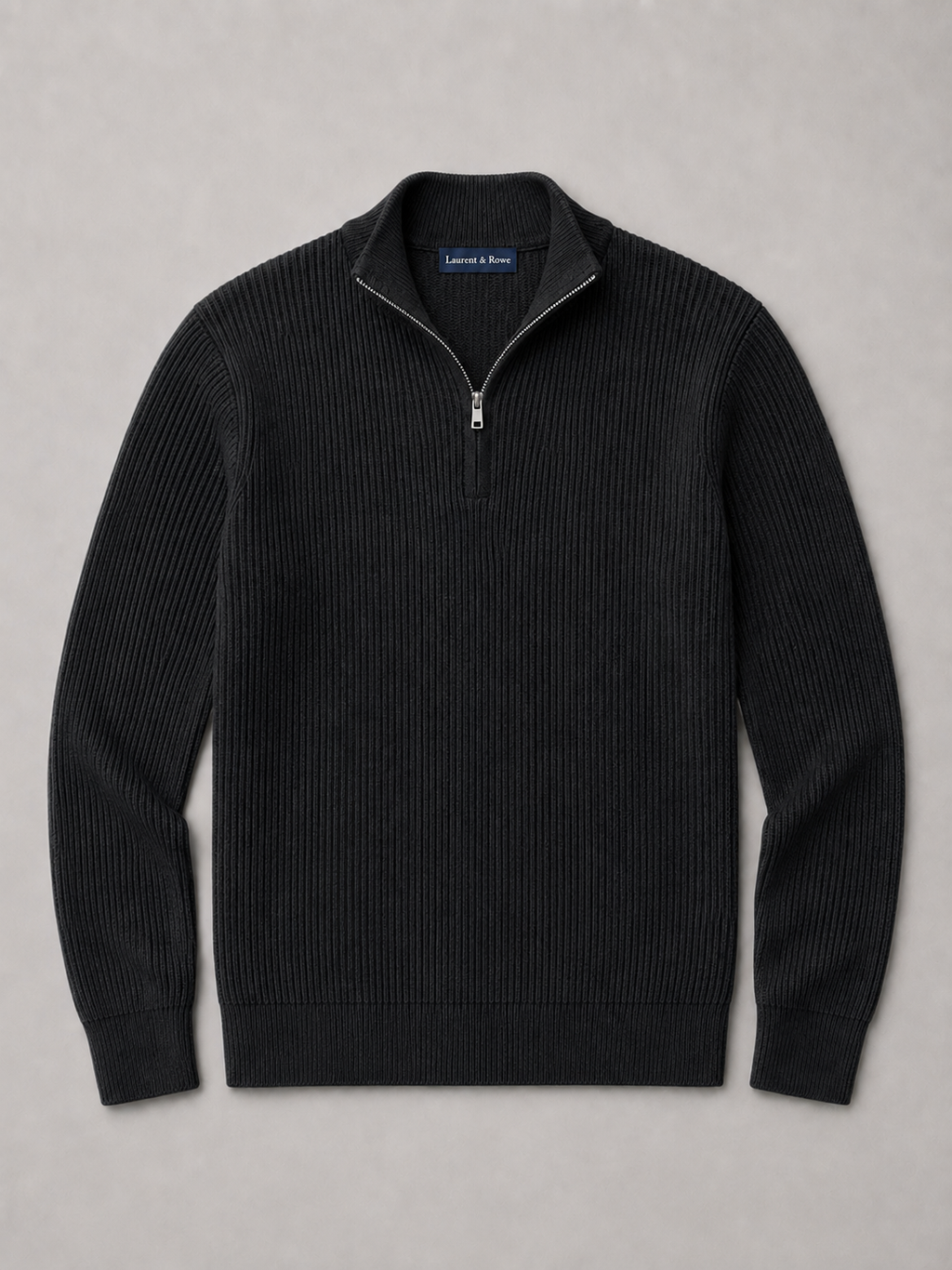Black men’s slim fit quarter zip mock neck sweater displayed on a plain background