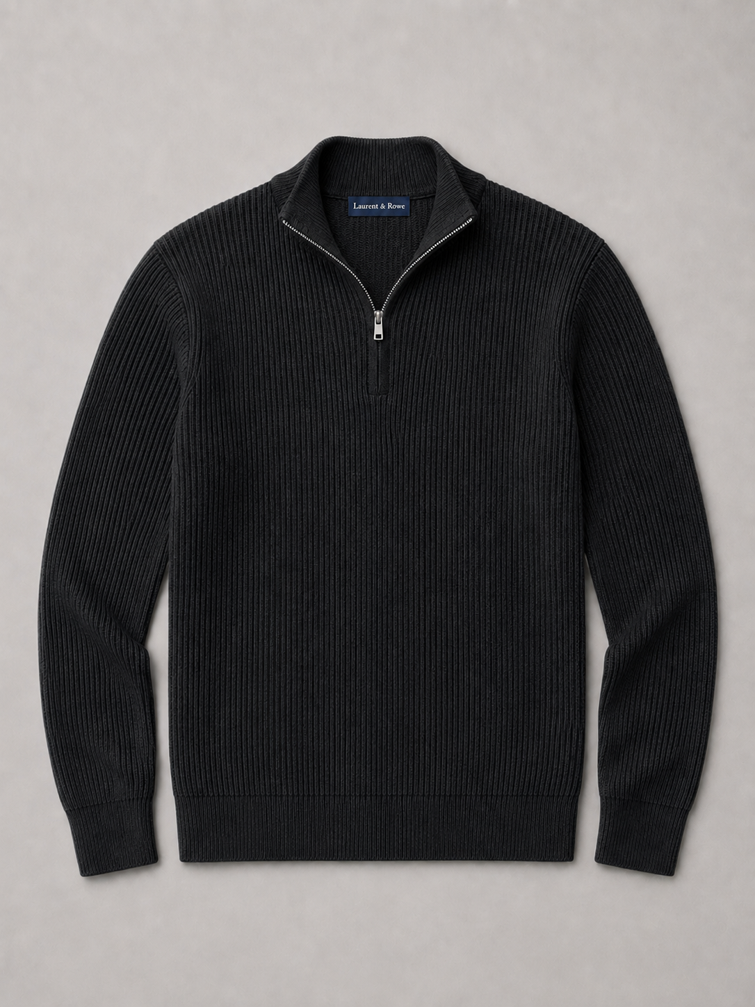 Black men’s slim fit quarter zip mock neck sweater displayed on a plain background