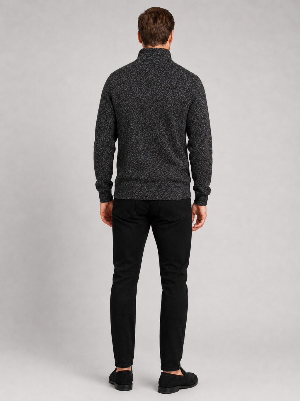 Men’s black stand collar knit sweater comfortable sportswear layer for outdoor and casual outfits