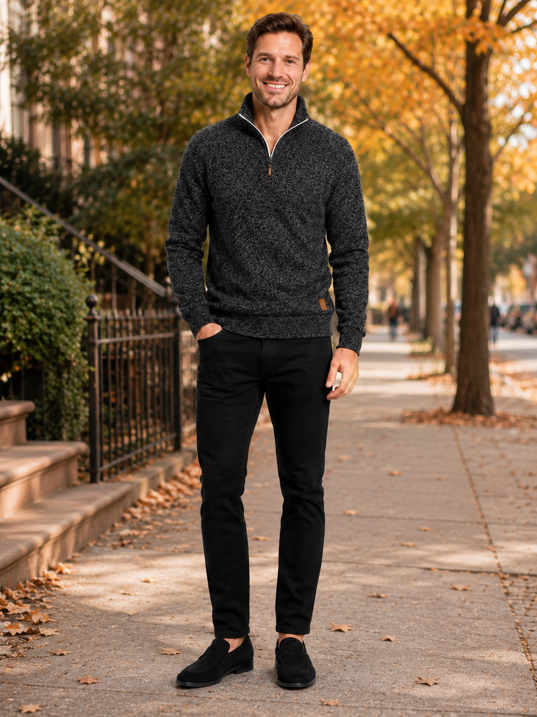 Man styling black quarter zip sweater in a modern everyday and sportswear lifestyle outfit