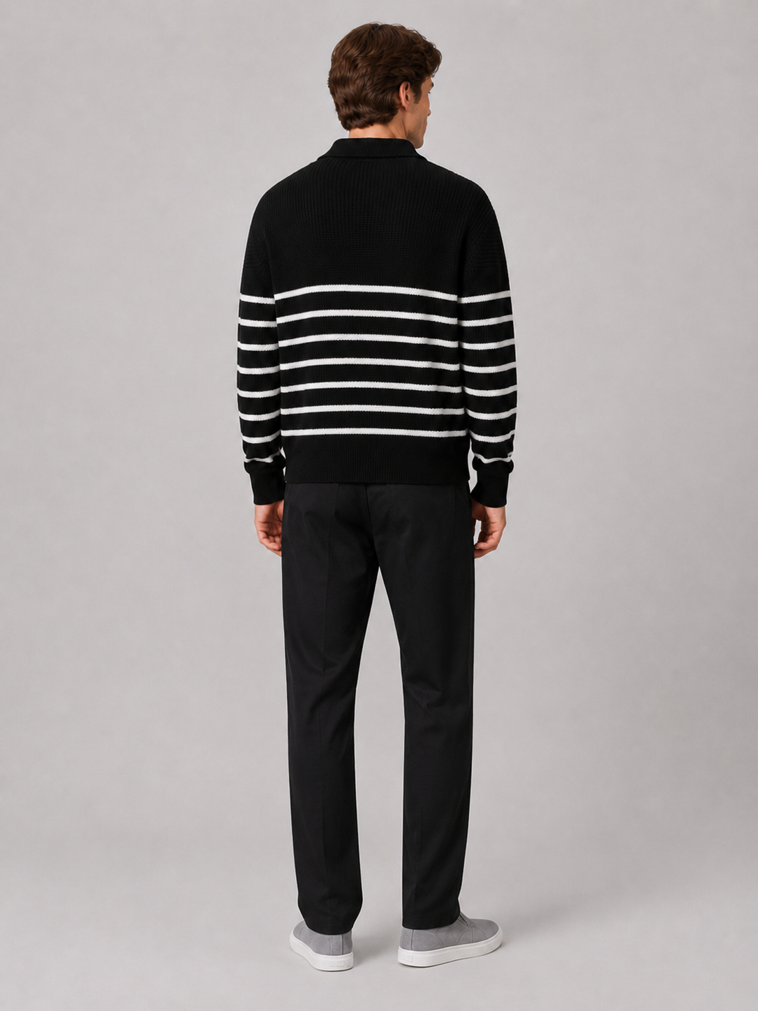 Men’s black knit sweater with striped pattern comfortable fall layer for casual outfits