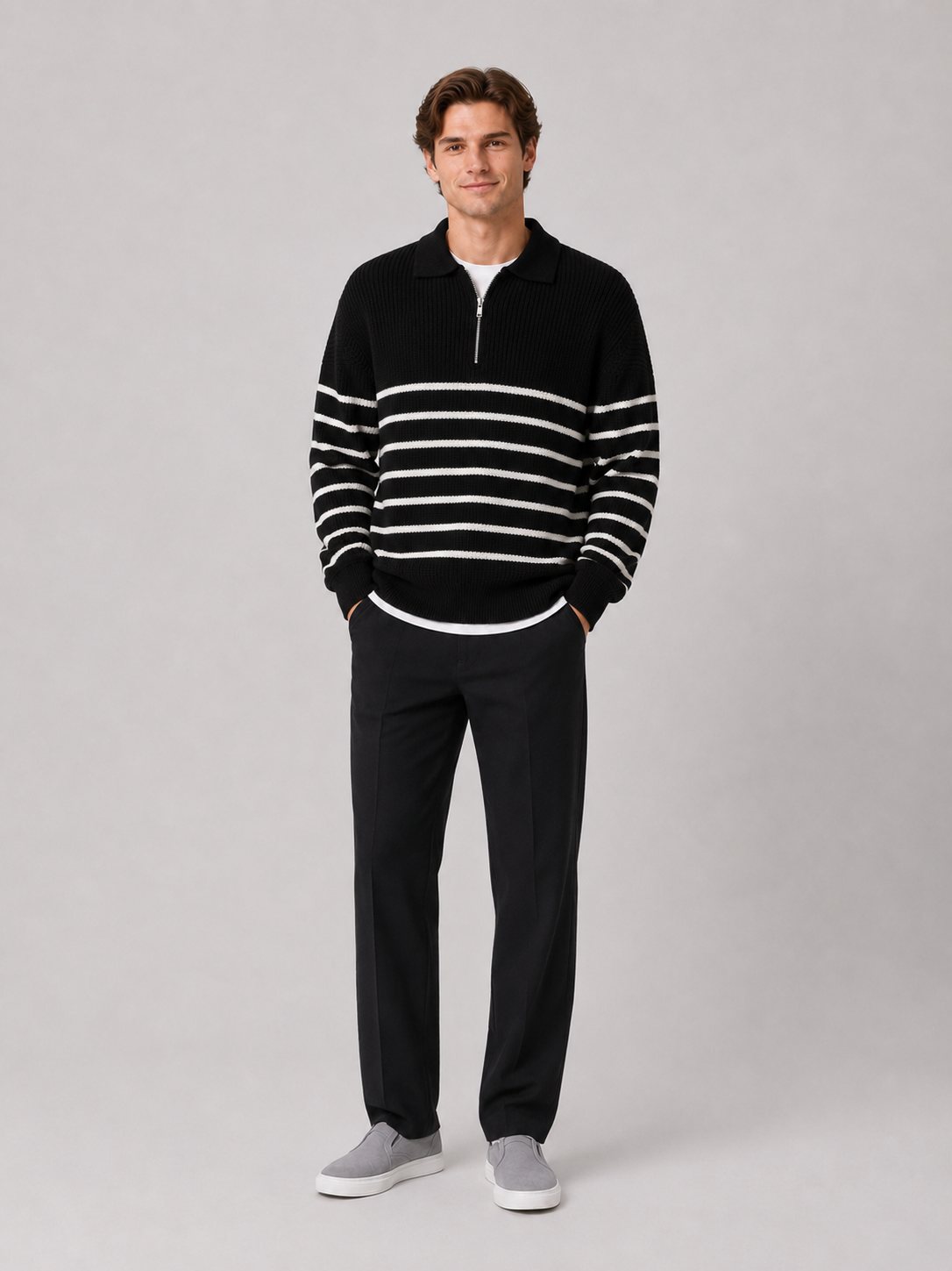 Black striped quarter zip sweater for men loose fit lightweight pullover for everyday wear
