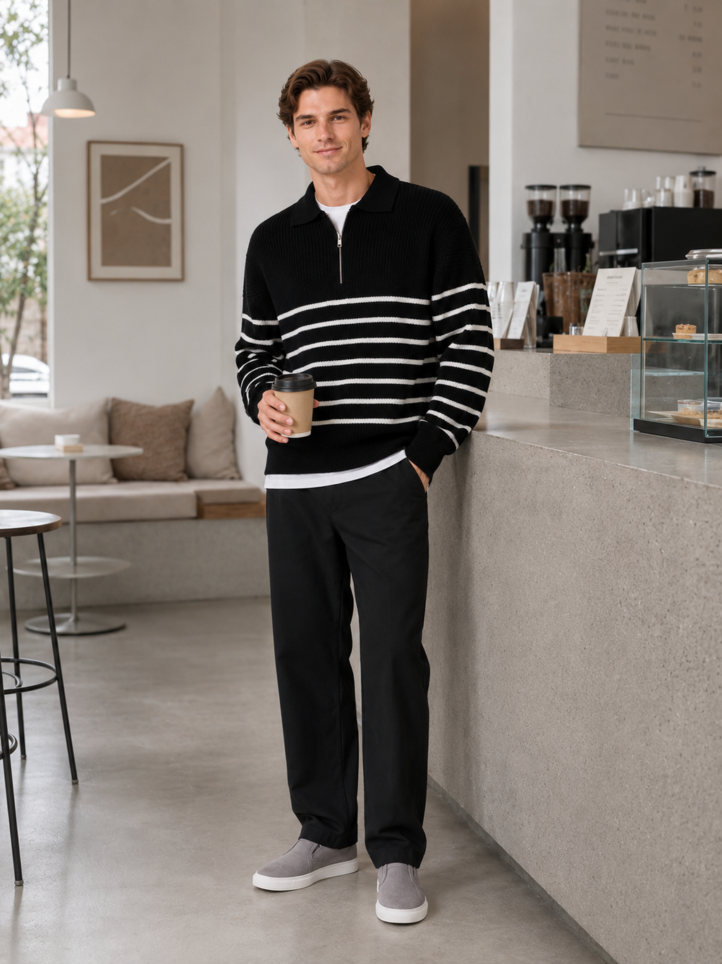 Man styling black striped quarter zip sweater in a modern everyday fall lifestyle outfit