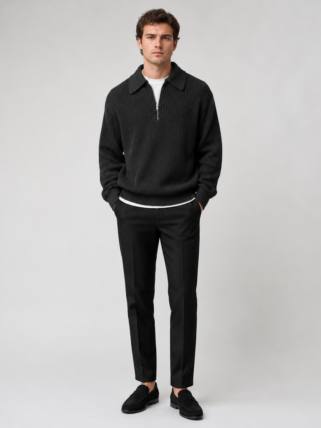 Black quarter zip polo sweater for men loose fit long sleeve fall pullover for everyday wear