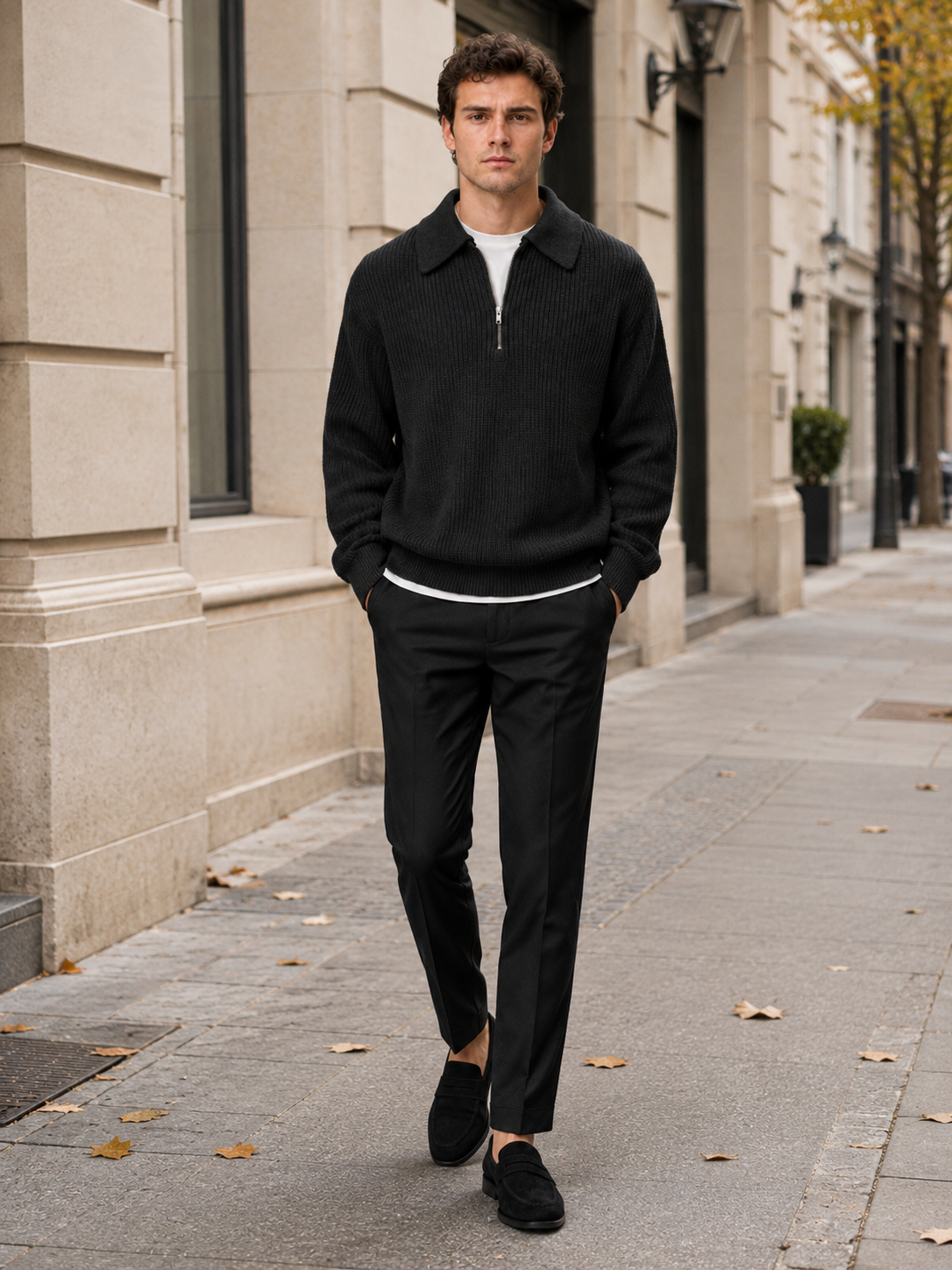 Man styling black quarter zip polo sweater in a modern everyday fall lifestyle outfit