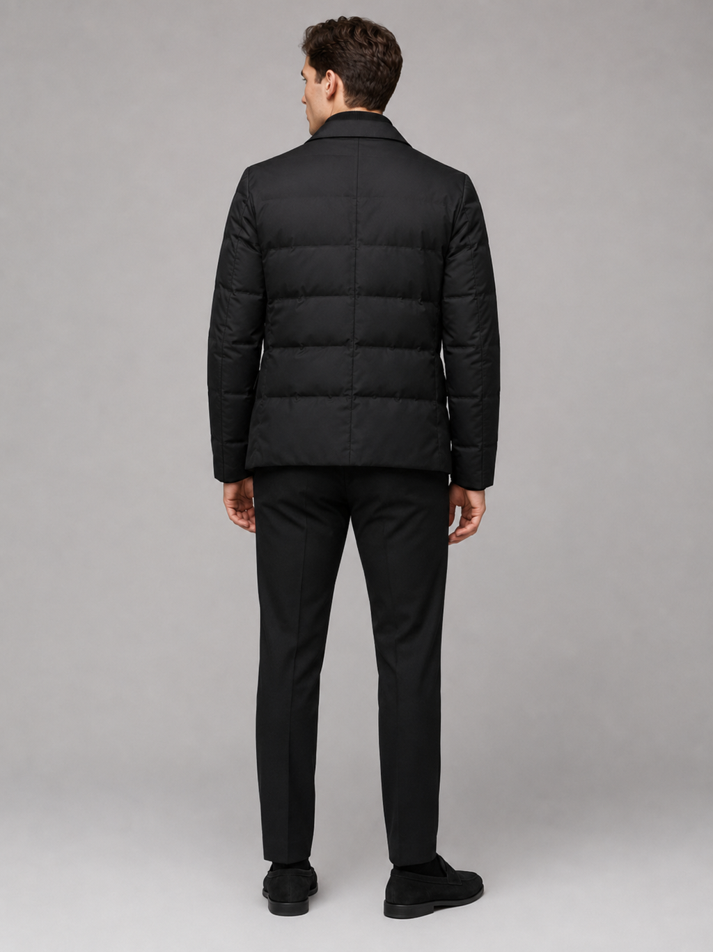 Men’s black insulated quilted jacket comfortable cold weather outerwear for business casual outfits