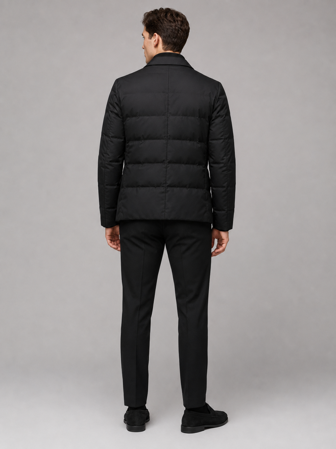 Men’s black insulated quilted jacket comfortable cold weather outerwear for business casual outfits