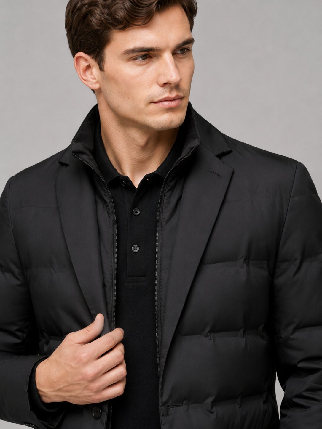Close up of black quilted jacket showing insulated stitching, detachable stand collar, and zip front detail