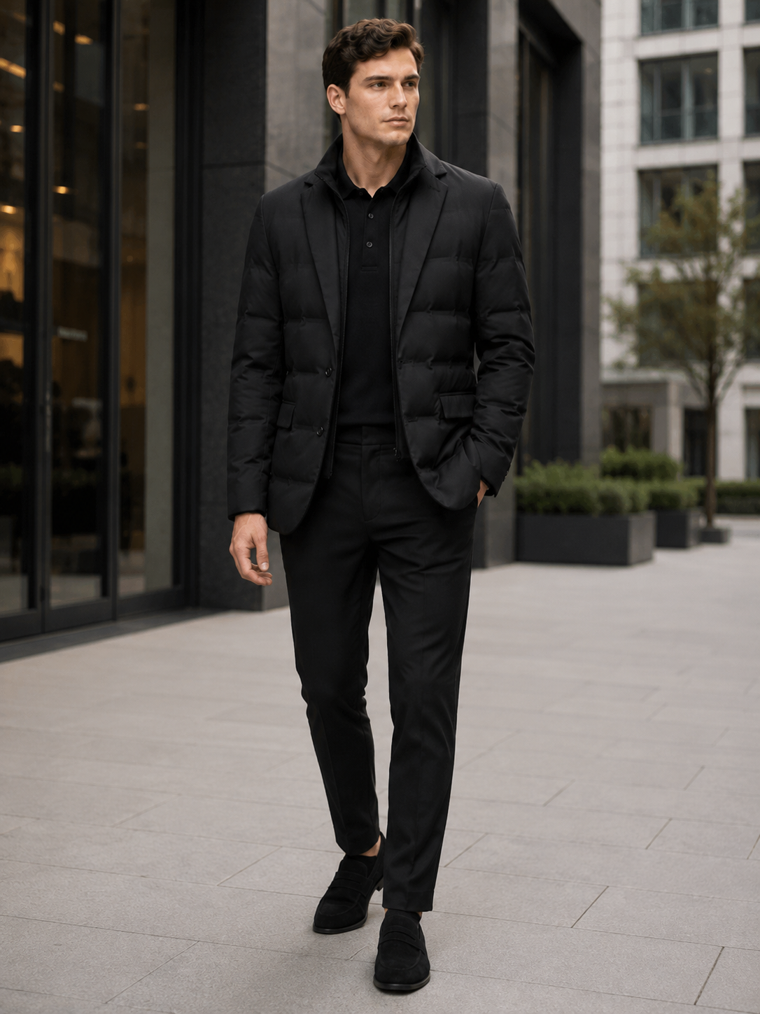 Man styling black quilted jacket in a modern business casual and office winter lifestyle outfit